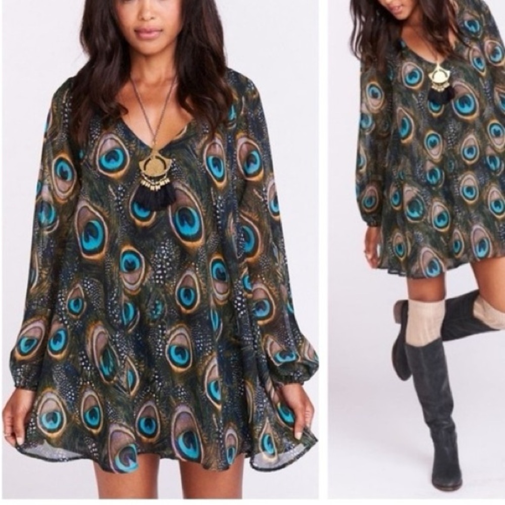 Show Me Your Mumu Donna Michelle Peacock Feather Print Tunic Boho Festival M